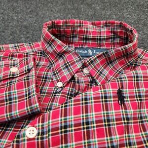 Ralph Lauren Mens Medium Red Plaid Custom Fit Button Down Shirt Black Pony